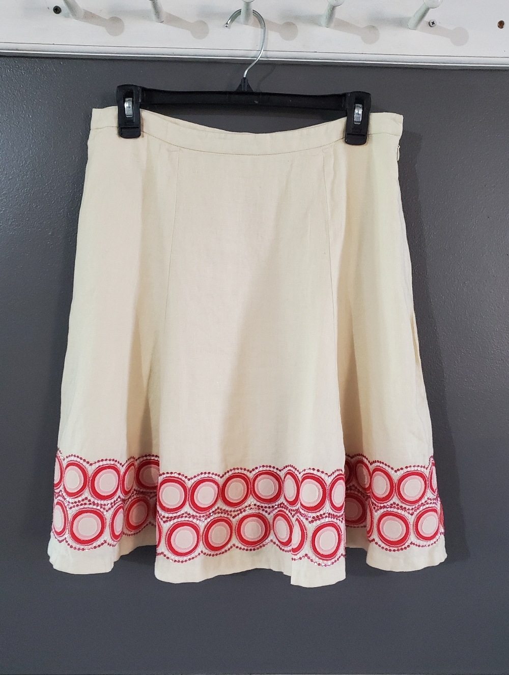 J. CREW Linen Flare Skirt Embroidered Applique Border 6